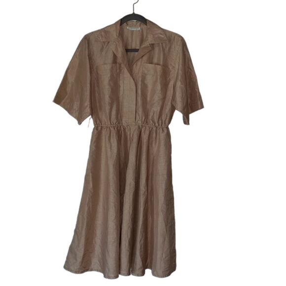 Utility Vintage 80s Button Down Fit and Flare Khaki Belted Shirtdress pockets - Picture 3 of 11